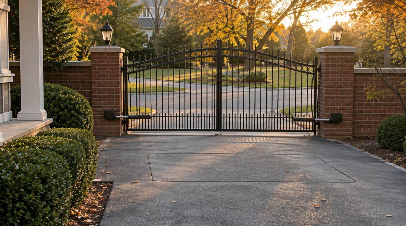 Rectangular saw-cut vehicle loop in an asphalt driveway inside a black wrought iron double swing gate between brick pillars in Washington